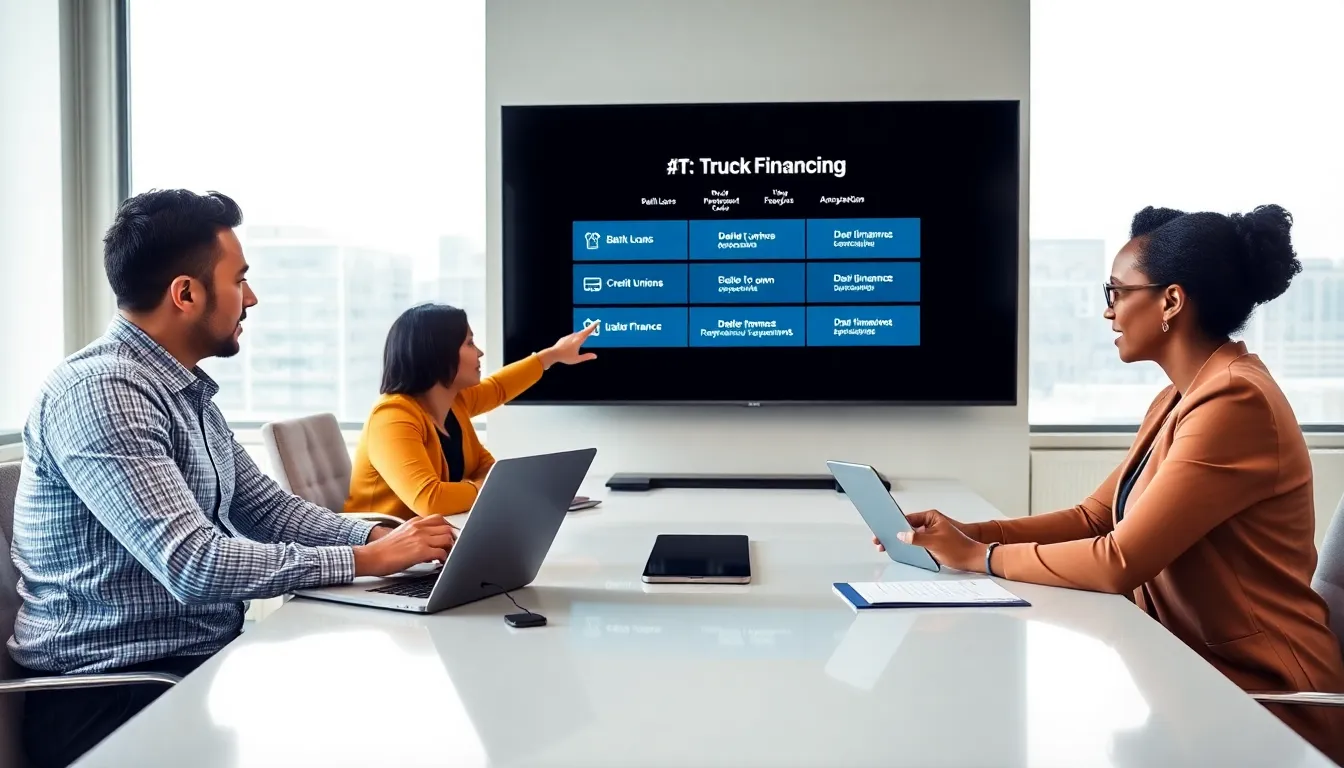 diverse team discussing truck financing options in a modern office.