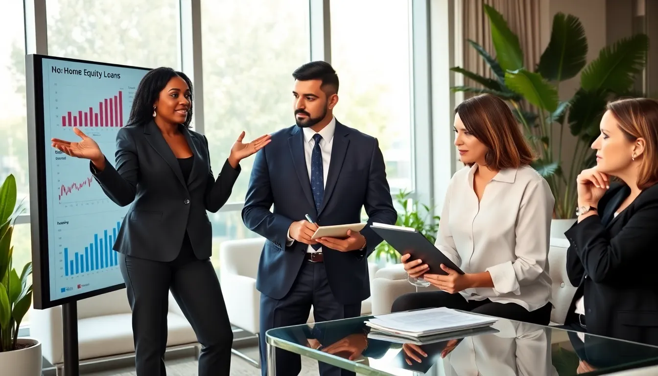 advisors discussing home equity loans in a modern office.