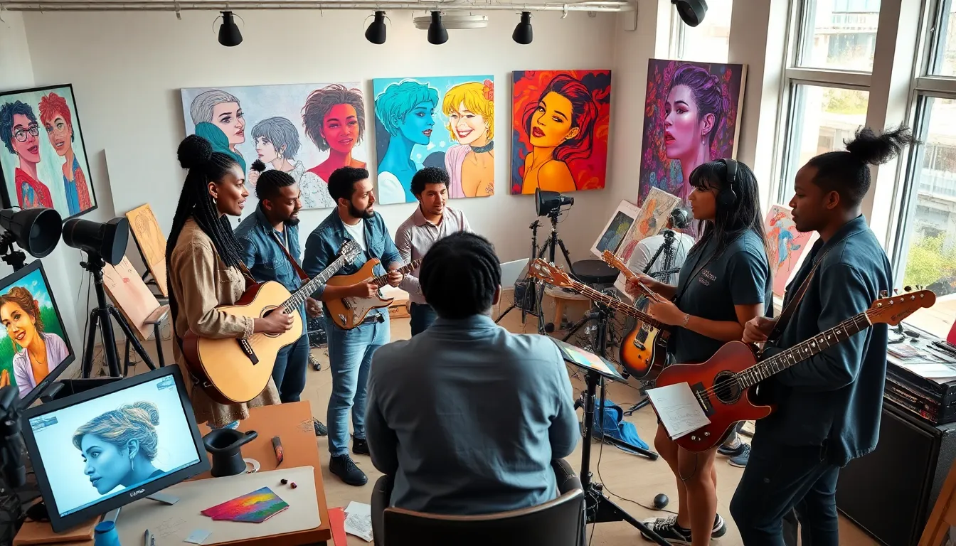diverse artists collaborating in a modern studio environment.